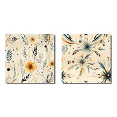 two paintings with flowers and leaves on them