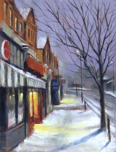 an oil painting of a snowy street scene with buildings and trees in the foreground