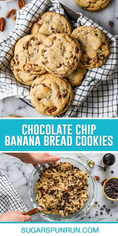 chocolate chip banana bread cookies with pecans in the background and text overlay that reads chocolate chip banana bread cookies