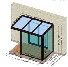 an image of a small glass building with measurements