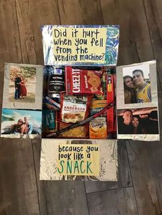 a collage of photos with words and pictures attached to them on a wooden surface