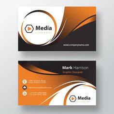 two business cards with an orange and black swirl design on the front, one is for media