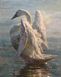 a painting of a white swan floating on top of water