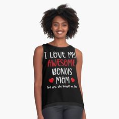 a woman wearing a black tank top that says i love my awesome mom