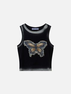 Aelfric Eden Fringe Denim Butterfly Tank Top Denim Butterfly, Retro Vest, Y2k Fall Outfits, Butterfly Tank Top, 90s Y2k Fashion, Y2k Summer Outfits, Top Streetwear Brands, Elegant Sweater