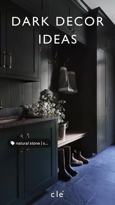 a kitchen with black cabinets and blue flooring is featured in the article dark decor ideas