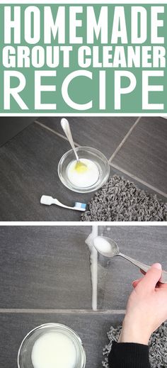 two pictures showing how to make homemade grout cleaner recipe with milk and yogurt