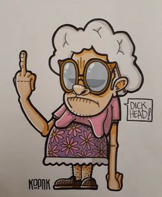 a drawing of an old woman with glasses giving the peace sign and holding her hand up