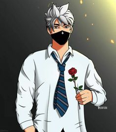 a man wearing a face mask holding a rose in one hand and a tie on the other