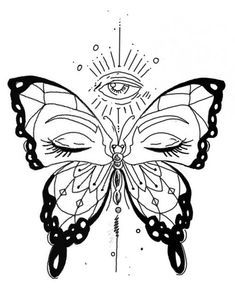 a black and white drawing of a butterfly with an all seeing eye on it's wing