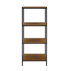 three tiered shelving unit with wooden shelves