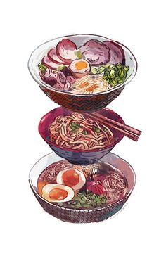 two bowls filled with different types of food on top of each other and chopsticks sticking out of them