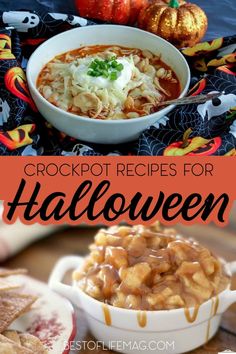 crockpot recipe for halloween with pumpkins, apples and other food items in the background