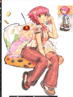 a drawing of a woman sitting on top of a table next to a cake and an apple