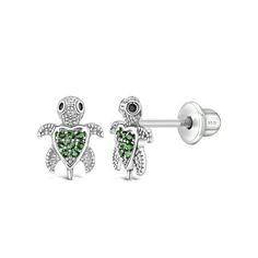 An In Season Jewelry favorite, these adorable little turtle earrings are sure to bring a smile to her face. Featuring beautfiul green cubic zirconia stones and set entirely in 925 sterling silver, they are naturally hypoallergenic and safe for sensitive skin. They feature threaded posts and a safety back system to ensure your child's earrings stay comfortably in place. These turtle earrings make a perfect gift for any occasion or just for a fun day at the beach. Beautiful gift box included for e Earrings For Girls, Turtle Earrings, Kids Earrings, Beach Beautiful, Fun Day, Girls Earrings, Screw Back Earrings, 925 Jewelry, Beautiful Gift Boxes