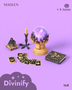 a purple background with black and gold items on it, including an object that looks like a globe