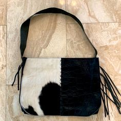 Beautiful Handmade Leather Purse With White Cowhide In Front. Bag Is Approximately 15 1/2” Wide By 11” High. Leather Fringes On One Side. Never Used. Handmade Leather Purse, Leather Fringe, Leather Purse, Handmade Leather, Leather Purses, Leather Handmade, Shoulder Bags, Bag Lady, Shoe Bag