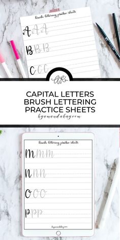 the capital letters brush lettering practice sheets are shown with markers and pencils on top