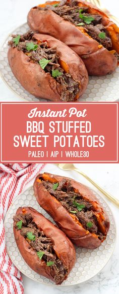 two plates with sandwiches on them and the words instant pot bbq stuffed sweet potatoes