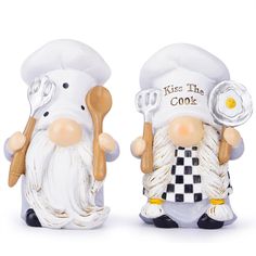 two salt and pepper shakers in the shape of chefs holding utensils, one wearing a chef's hat