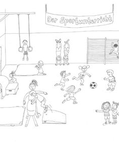 a drawing of children playing soccer in a school gym with the words der sportuniertuh