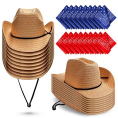 cowboy hats with different colors and patterns on the brimmed hat, one has a string