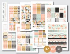 the printable planner stickers are shown in various colors and patterns, including oranges,