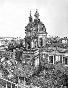 a black and white drawing of an old building