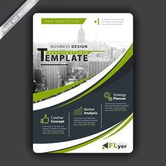 a modern business flyer template with green and black lines on the bottom, in front of a cityscape