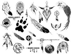 an assortment of native american symbols and designs on white paper with black ink, including feathers, arrows, eagle, compass, medallions and more