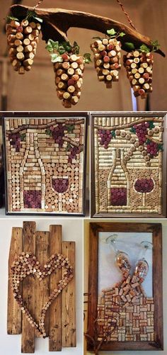 several pictures of wine corks hanging from the ceiling and in front of them are some artwork