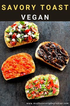 4 different savory toast arranged in a black surface Savory Toast, Hummus Toast, Toast Avocado, Mushroom Toast, Tomato Chutney, Tasty Vegetarian Recipes, Mediterranean Cuisine, Recipes Vegan