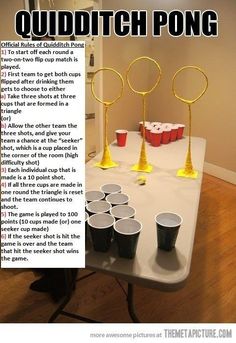 there is a table with cups on it and the words quidditch pong