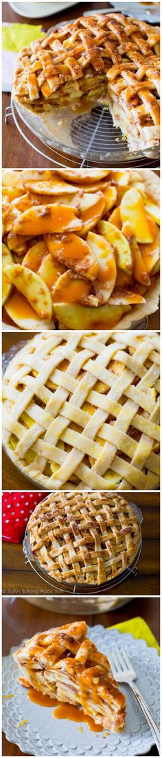 four different views of pies with apples on top and bottom, including one being sliced into