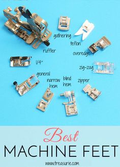 the words best machine feet are surrounded by small sewing tools on a light blue background