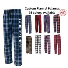 Custom printed flannel pajamas with your design, text or logo. Message us your logo for a quote. Price based on number of art or text colors.  Message color of pajamas and sizes to complete your order. Sample option in price list is not custom. It is blank pair of pajamas with no art printed on them. Silk screen decoration. lead time around 10 working days after proof approval. Free shipping (except to AK or HI) Player name / number personalization is not available on these pajamas.  If you need personalization please message us. We have other options.  Specs 4.7 oz. flannel double brushed for comfort adjustable waistband with twill tie side pockets inside locker loop relaxed fit 100% cotton Bulk Women, Logo Message, Custom Flannel, Pajamas Pants, Adult Pajamas, Flannel Pants, Cotton Pajamas, Design Text, Youth Sports