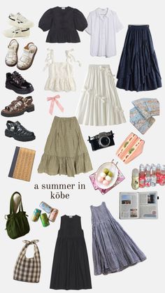 a collage of dresses, skirts, shoes, accessories and japanese food items. Japan Outfits, Japan Outfit, Casual Style Outfits, Looks Style, Short Skirt, Mode Inspiration, Lookbook Outfits, Spring Summer Outfits, Spring Summer Fashion