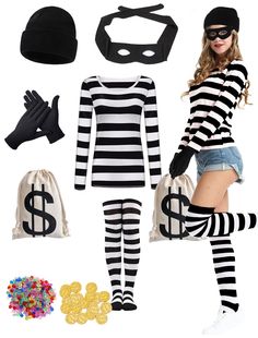 a woman dressed up as a mime with money bags