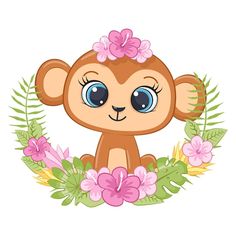 a cute monkey with flowers and leaves around it