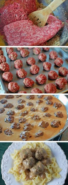 meatballs and pasta are being cooked on the stove top, then baked in the oven