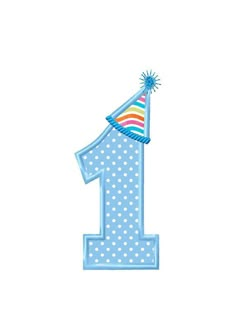 a blue number one with a party hat on it's top and polka dots