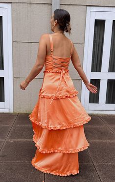 Check out Lady Corset Dress. Get $10 off + free shipping with Club Mumu. Pastel Dress Formal, Orange Satin Dress, Garden Wedding Dress Guest, Pastel Floral Dress, Organza Dresses, Vacation Fits, Orange Prom Dresses, One Shoulder Dress Long, Beach Wedding Guest Dress