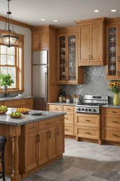 a kitchen filled with lots of wooden cabinets