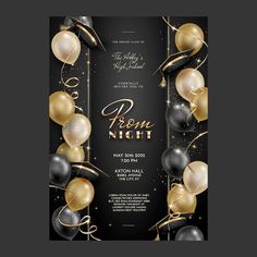 a black and gold party flyer with balloons