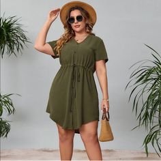 New Plus Size Summer Fashion Drawstring Waist Irregular Hem Dress - Army Green High-low Hem Mini Dress For Summer Beach, Summer High-low Hem Mini Dress For Beach, Summer Beach Mini Dress With High-low Hem, Casual Summer Mini Dress With Asymmetrical Hem, Casual Mini Dress With Asymmetrical Hem For Day Out, Casual Mini Dress With Asymmetrical Hem, Casual Short Sleeve Mini Dress With Drawstring, Summer Mini Dress With Drawstring And Short Sleeves, Plus Size Casual Dresses