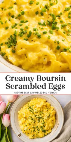 creamy boursin scrambled eggs in a white bowl with green onions on the side