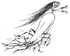 a black and white drawing of a woman with long hair holding a flower in her hand