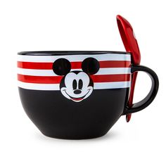 PRICES MAY VARY. MAKE MINE MICKEY: What better way to start the day? Mickey Mouse is here to make your mornings just a little more swell on this exclusive soup mug. Whether you need coffee, cereal, or some warm oatmeal, this mouse can provide. LOOK WHO'S COOKING: Sample all the finest flavors in the Magic Kingdom with this generously sized soup mug. This black cup with red-striped accents features a classic Mickey design alongside a matching red spoon (which might hide a hidden Mickey). SHARE A Cereal Oatmeal, Disney Coffee Mugs, Mickey Mouse Design, Disney Mugs, Mug Warmer, Hidden Mickey, Mickey Head, Ceramic Spoons, Soup Mugs