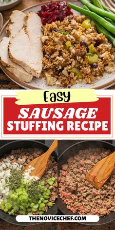 sausage stuffing recipe in pans with text overlay