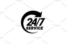 the logo for 24 / 7 service is shown in black and white, with an arrow pointing